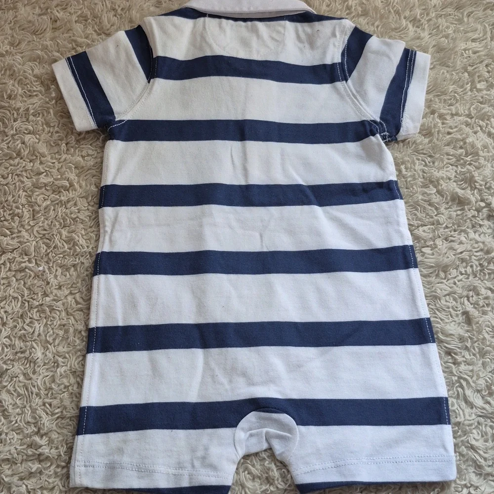 RALPH LAUREN Blue stripe 3 Mo Baby Boy Short sleeve button Polo Snap One Piece